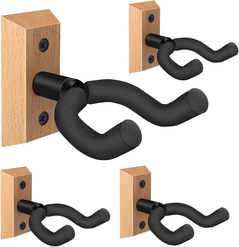 DOMMI Guitar Wall Mount 4 Pack, Guitar Hanger with Rotatable Soft Hook for All Size Guitars, Hardwood U-Shaped Guitar Holder Wall Mount for Acoustic, Electric Guitar, Bass - Image 1